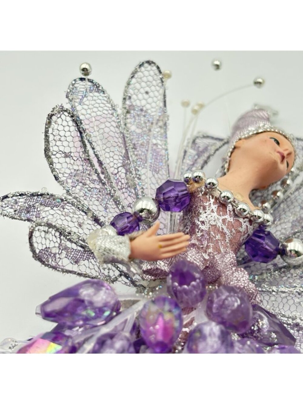 Vintage Purple Pixie Fairy Christmas Tree Ornament Hanging Beaded Shiny 8” Girl - Picture 12 of 16